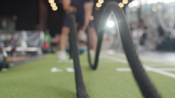 Genç Atlet Asyalı Adam Spor Salonundaki Halatlarla Mücadele Ederek Yağ — Stok video