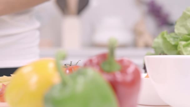 Happy Asian Woman Cut Lots Chilli Prepare Ingredient Making Food — Stock Video