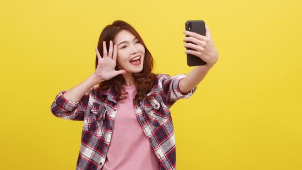 Smiling Adorable Asian Female Making Selfie Photo Smartphone Positive Expression — Stock Video