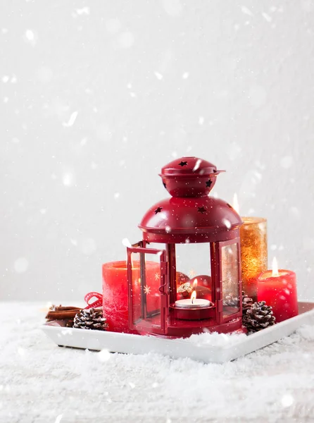 Christmas lantern with candle, snow, christmas decorations — Stock Photo, Image