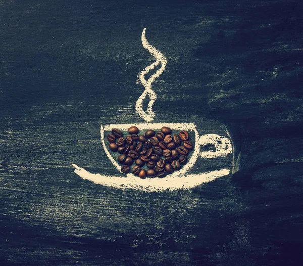 Painted Cup of Coffee with Natural Coffee Beans on a Chalkboard. — Stock Photo, Image