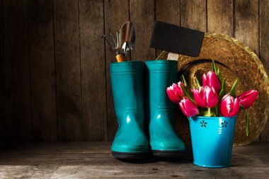 Bahçecilik aletleri ile mavi lastik çizme, hasır şapka, Bahar çiçek