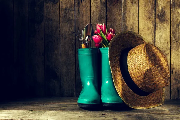 Bahçecilik aletleri ile mavi lastik çizme, hasır şapka, Bahar çiçek