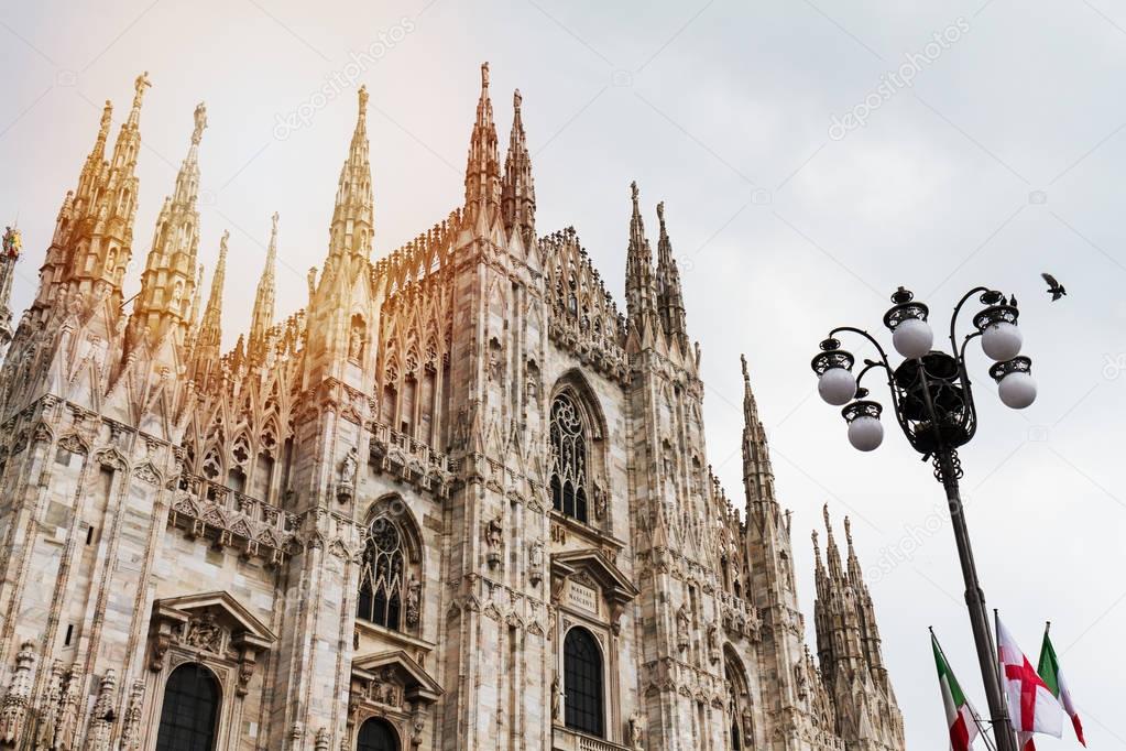 Beautiful Panoramic view of Duomo square in Milan with big street