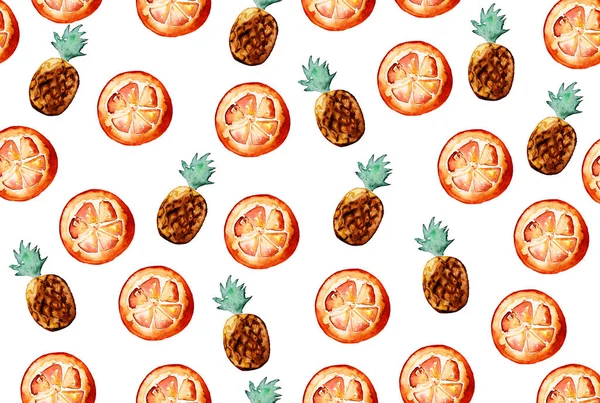 Hermoso patrón con elementos dibujados a mano - piñas lindas y rodajas de naranja — Foto de Stock