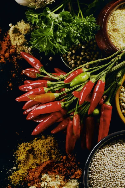 Vackra smakrika aptitretande ingredienser kryddor röd chilipeppar — Stockfoto