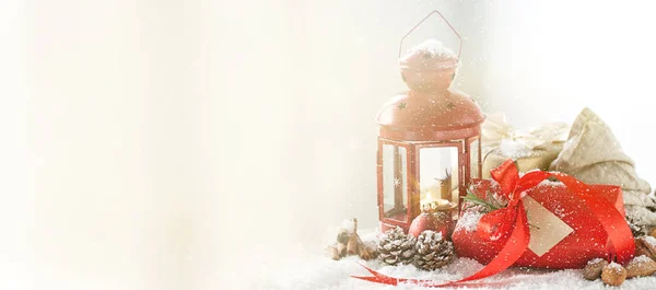 Beautiful christmas concept with gift boxes christmas lantern — Stock Photo, Image
