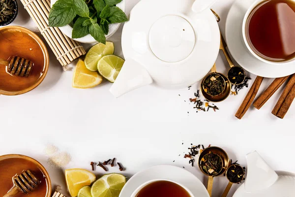 Top view of arranged tea-set and condiments — Stock Photo, Image