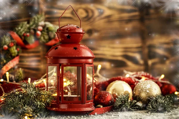 Red lantern and golden Christmas balls — Stock Photo, Image