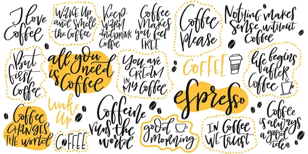 Handdrawn Inspirational Motivational Quotes Lettering Set Morning Coffee Vector Isolated — Stock Vector