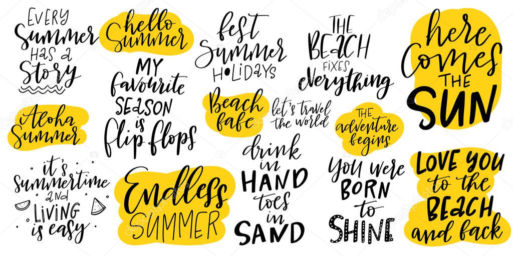 handdrawn inspirational and motivational quotes set about Summer and Summer holidays. Vector isolated typography design
