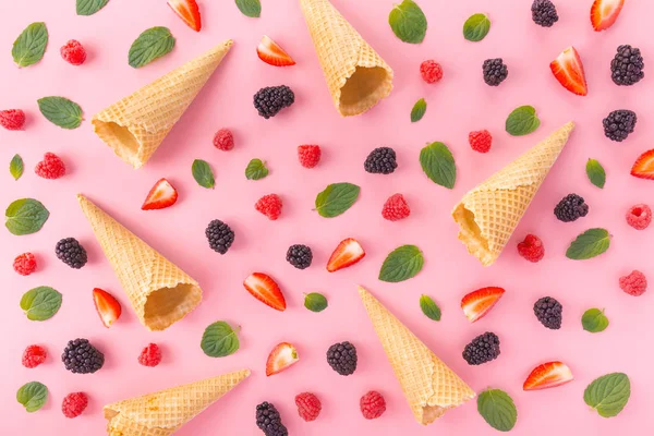 Empty Waffle Cones Mixed Berries Mint Leaves Pink Background — Stock Photo, Image