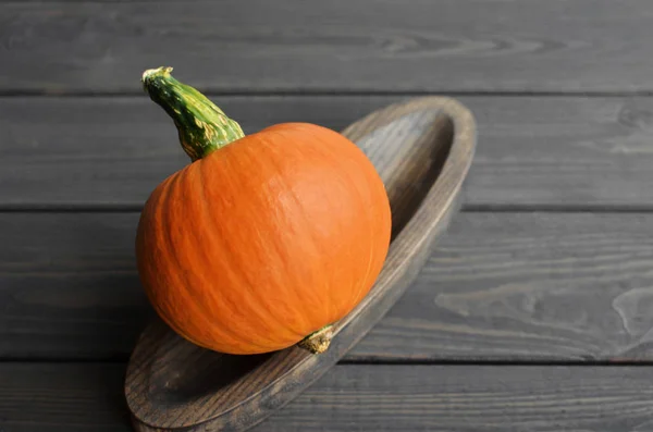 Calabaza naranja otoñal sobre plato de madera sobre fondo de madera oscura. Día de Acción de Gracias y concepto de Halloween . — Foto de Stock