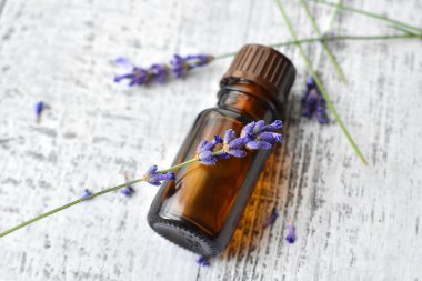 Essential lavender oil in dark glass bottle with fresh lavender flowers over vintage wooden background