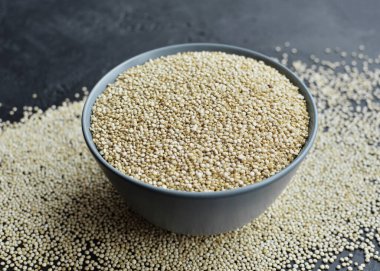 White organic quinoa seeds in ceramic plate over gray concrete background