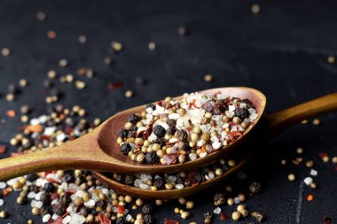 Deniz tuzu, farklı biber, kardamon, hardal tohumu ve ahşap kaşıklarda kırmızı biber taneleri. Koyu arkaplanda farklı baharatlar