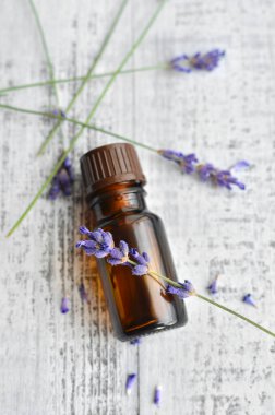 Esaslı lavanta yağı ve eski ahşap arka planda taze lavanta çiçekleri olan koyu cam şişe.