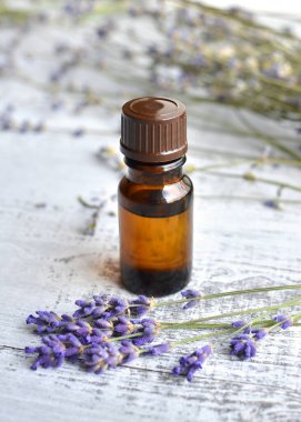 Siyah cam şişede organik bitkisel yağ ve eski tahta masa arkasında taze lavanta çiçekleri.