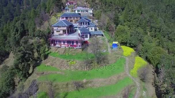 Aerial view of Himalayan village, mountains,  pray flags. Dharamsal, Kangra, India. — Stock Video