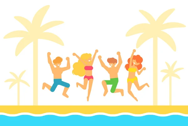 Płaskie ilustracji wektorowych z ludzi skaczących na plaży sundy latem Wektor Stockowy