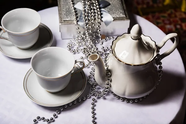 Tea Time White Teapot Cups Table Decorated Christmas Tree — Stock Photo, Image