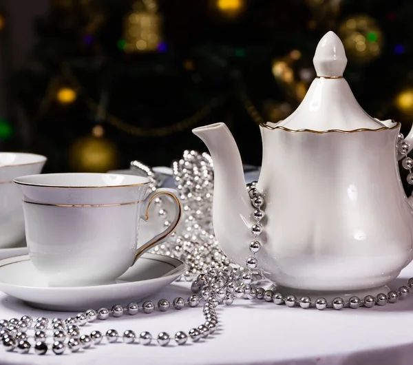 Tea Time White Teapot Cups Table Decorated Christmas Tree — Stock Photo, Image