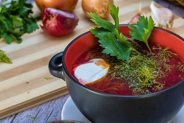 Borsch Vermelho Prato Nacional Cozinha Ucraniana Foto Borsch Uma Cerâmica — Fotografia de Stock