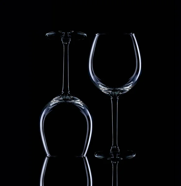 Wine Glasses Different Shapes Bottle Black Background Contour Photo — Stock Photo, Image