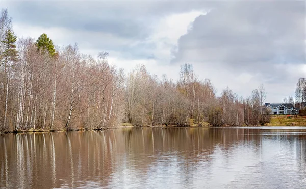 Delightful landscape of Russian nature. Clouds are reflected in the lake, on the shore are green trees and white birch trees.