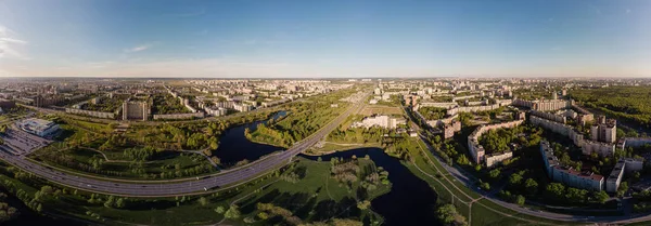 Panoramic view of Saint Petersburg, photo of a drone, summer day. Urban landscape, the outskirts of the city.