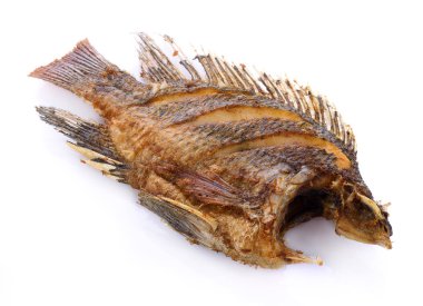 Kızarmış Tilapia balığı, beyaz arka planda izole edilmiş.