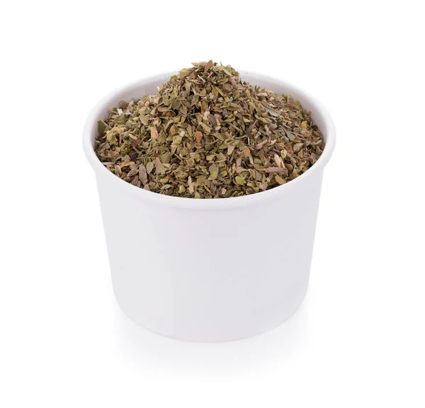 Dried Oregano on white bowl  on white background — Stock Photo, Image