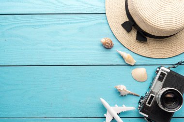 Yaz tatil arka plan, seyahat ve tatil öğeler ahşap t