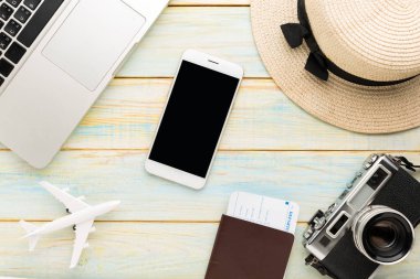 Yaz tatil arka plan, seyahat ve tatil öğeler ahşap t
