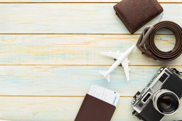 Yaz tatil arka plan, seyahat ve tatil öğeler ahşap t