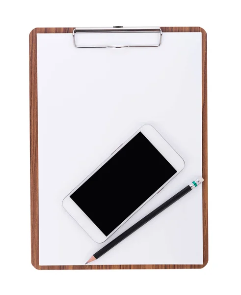 Telefon és a ceruza fa vágólapon o hely üres papírra — Stock Fotó