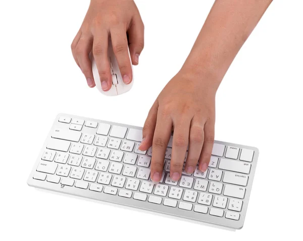 Woman working at home office hand on keyboard on white backgroun — Stock Photo, Image