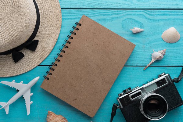 Summer holiday background, Travel and vacation items on wooden t
