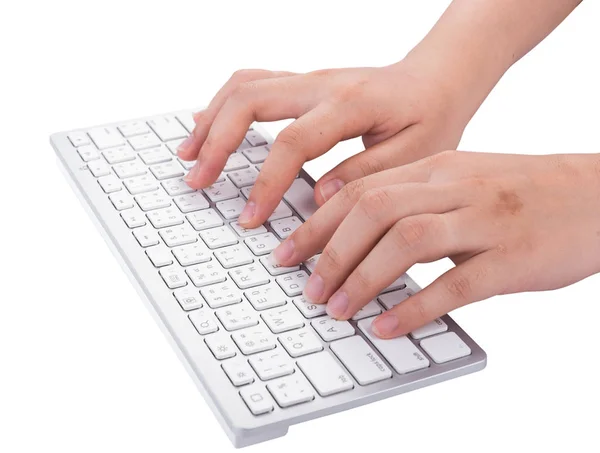 Frau arbeitet zu Hause im Büro Hand an der Tastatur auf weiß — Stockfoto