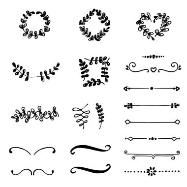 Handdrawn Kenarlıklar ve tasarımınız için çerçeve koleksiyonu. Vektör bölücüler.