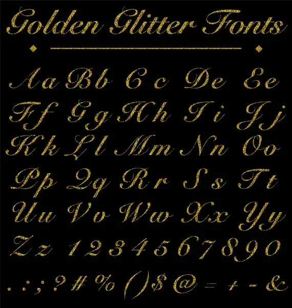 Glitter Golden Handwritten Fonts, Alphabet, Number On Black Back — Stock Vector