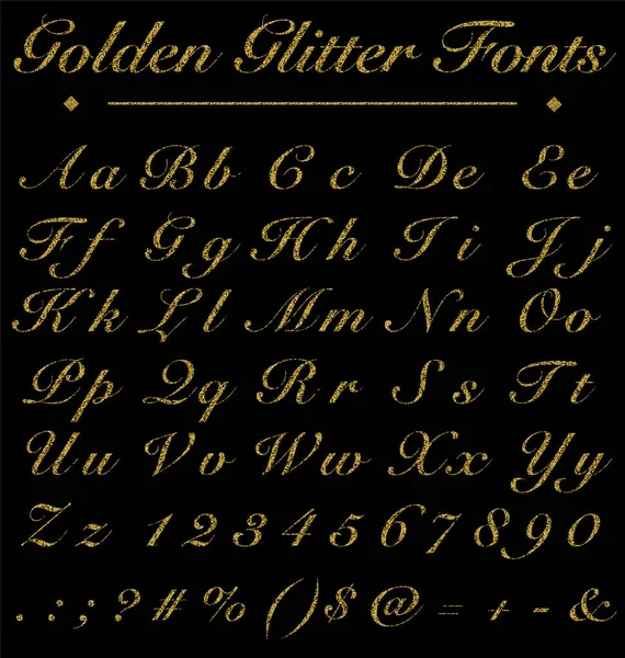 Altın el yazısı fontları, alfabe, sayı siyah arka glitter