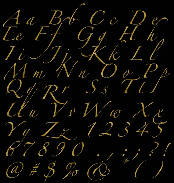 Χρυσή χειρόγραφες αλφάβητο τους αριθμούς και τα σημάδια σε σκούρο φόντο Εικονογράφηση Αρχείου
