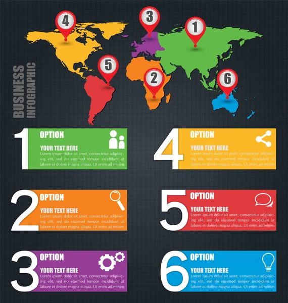 Modèle de conception d'infographie d'affaires avec six numéros d'option et carte du monde, concept iconographique — Image vectorielle