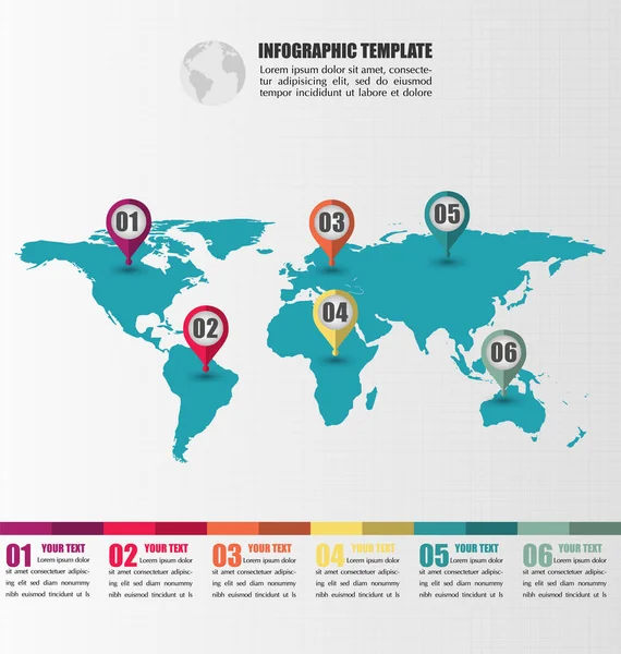 Επίπεδη Παγκόσμιος Χάρτης infographic πρότυπο με αριθμό δείκτη σήματα, Info-γραφικών έννοια Εικονογράφηση Αρχείου