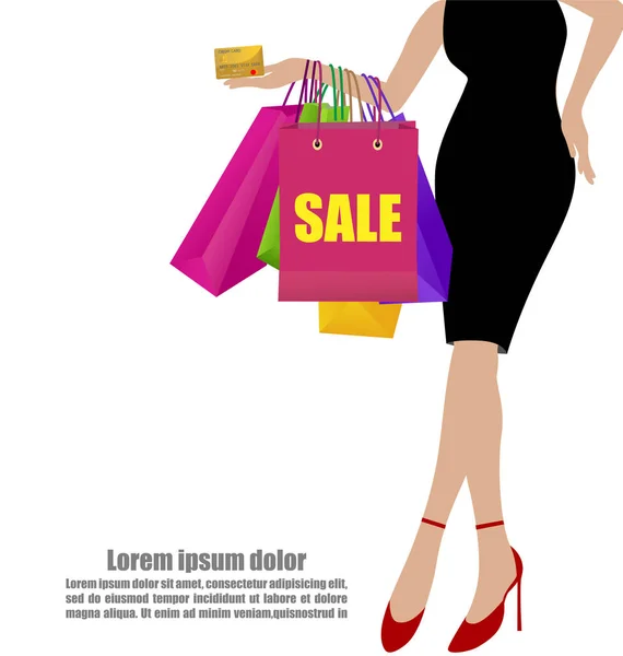 Kvinna Hand i svarta klänningar med färgglada shoppingkassar och Cred — Stock vektor