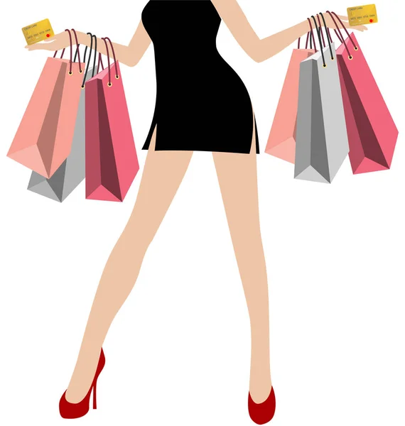 Mão de mulher em mini vestidos pretos com muitos saco de compras colorido — Vetor de Stock