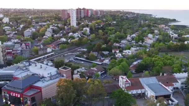 Cidade aérea ribeirinha cena drone verde — Vídeo de Stock