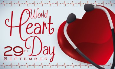 Parlak kalp, stetoskop ve dünya kalp günü, vektör çizim anısına Cardiograms