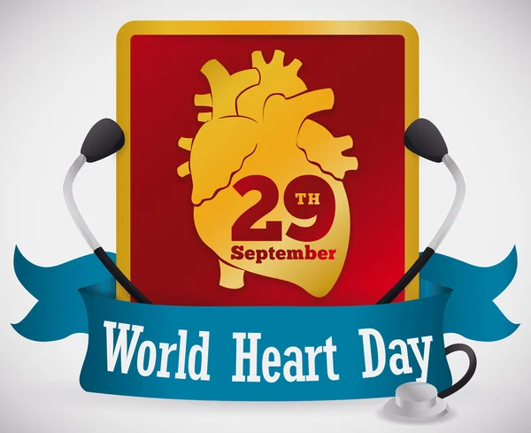Cornice con sagoma del cuore, stetoscopio e nastro del giorno del cuore, illustrazione vettoriale — Vettoriale Stock